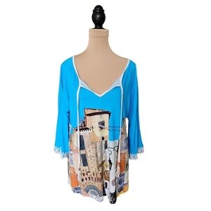 Simply Art Dolcezza Light Blue City Scape Lace Detail Top